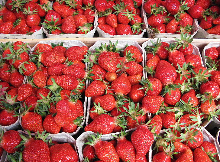 fresas, cosecha, mercado local de agricultores, madura, dulce, rojo, delicioso