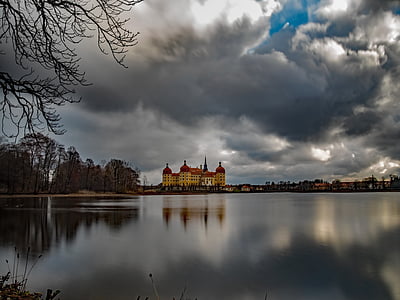 krajina, voda, castle Moritzburg, hrad, Les, budova, mraky