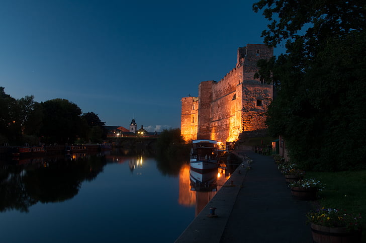 Castelo, à noite, Trent, Rio, ponte, Nottinghamshire, eastmidlands