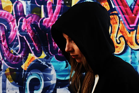 young woman, girl, graffiti, hood, multi colored, one person, adult
