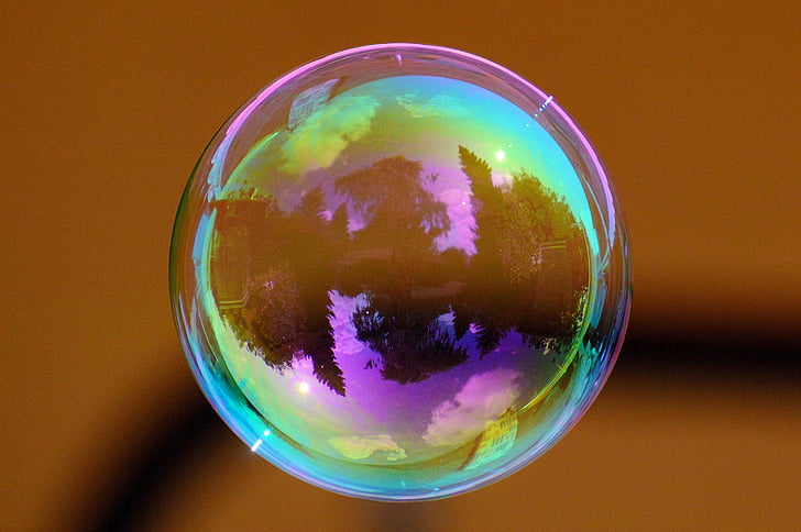 Bubble, kleurrijke, kleurrijke, float, reflecties, zeepbel, bomen