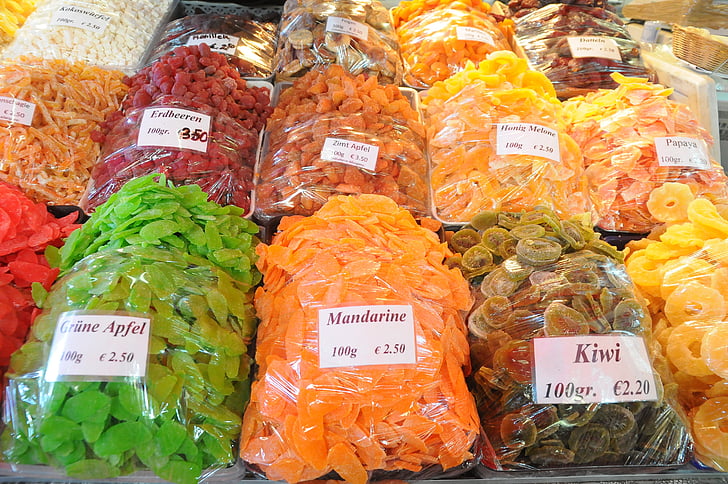 sokeroitu hedelmät, Naschmarkt, Wien, värikäs