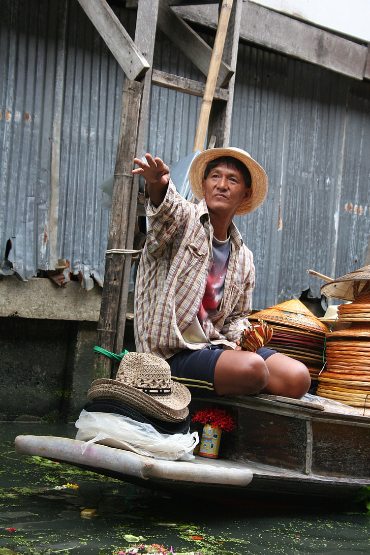 peldošo tirgus, Taizeme, Āzija, Taju, vīrietis, pārdod, cepures