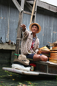 mercado flutuante, Tailândia, Ásia, Tailandês, homem, venda, chapéus