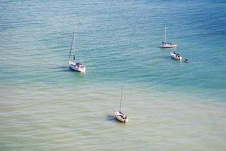 four, sailboats, blue, sea, water, ocean, nature