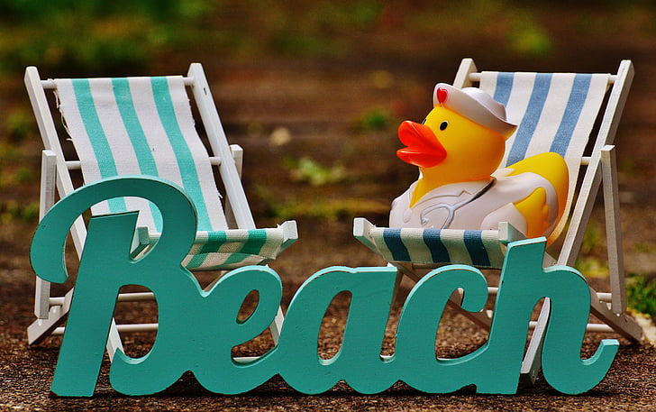 tumbonas, Playa, fuente, pato de goma, verano, sol, relajación