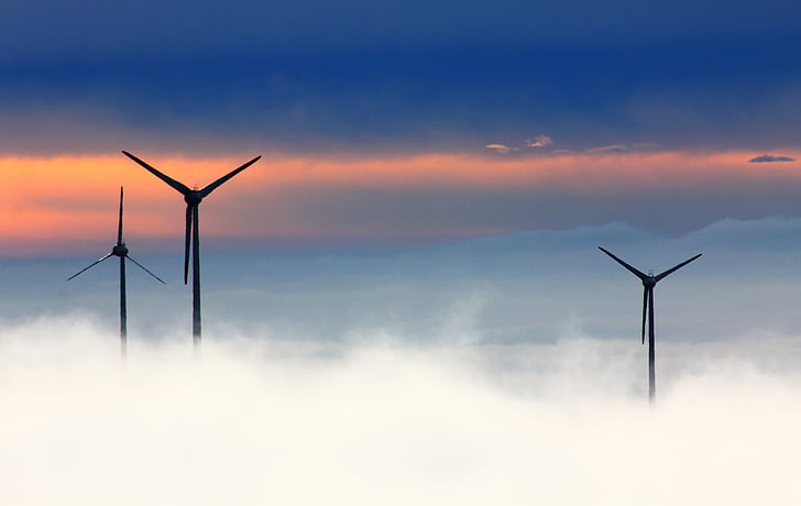 trois, vent, turbines, énergie éolienne, Fichtelberg, parc éolien, brouillard