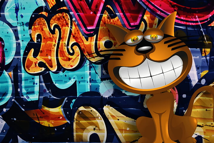 Graffiti, colorido, gato, gracioso, música, arte cultura y entretenimiento, multi coloreada