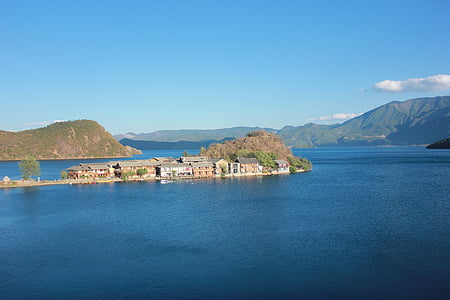 Lugu lake, Lake, blauwe hemel, hemel, Lijiang, het landschap, landschap