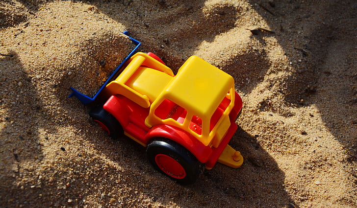 sandkasse, gravemaskiner, SCOOP, plastik legetøj, site, bygge-og anlægsarbejde, sand