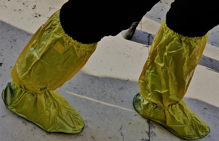 rubber boots, overshoes, rain shoes, yellow, trousers, high water, shoes