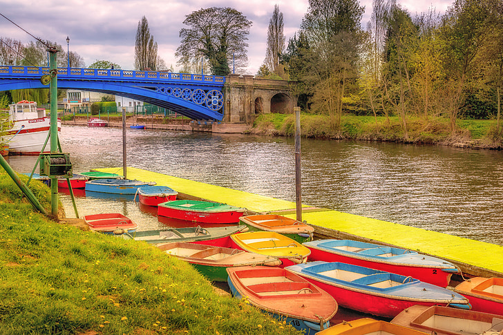 Stourport on severn, lungo il fiume, Barche, Ponte, blu, architettura, paesaggio