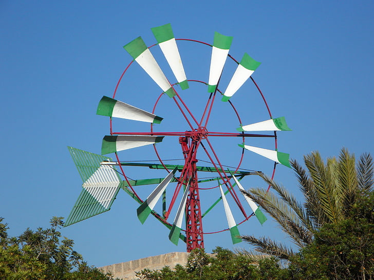 windmill, mallorca, wheel, wind, landmark, wind power, metal