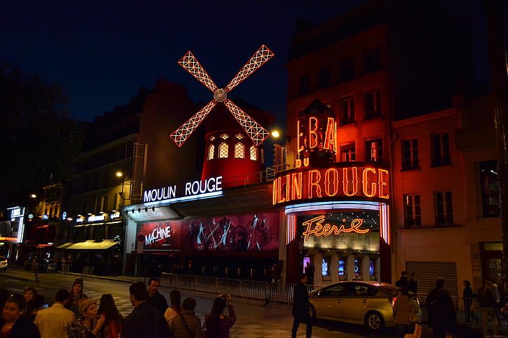 Moulin Rouge, deju studija, Francija, Paris, naktī, neona gaismas, naktsdzīve