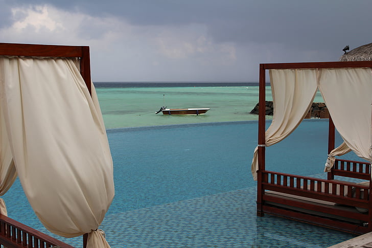 Maldivu, pludmale, baseins, jūra, brīvdienas, vasaras, luksus