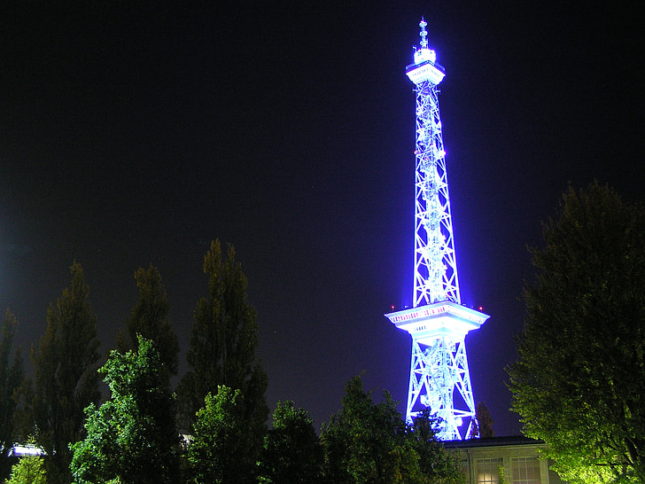 Radio tower, Berlín, noc, veža, osvetlené, modrá, Architektúra