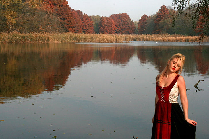 dekle, jezero, jeseni, drevo, odsev, rdeča, blond