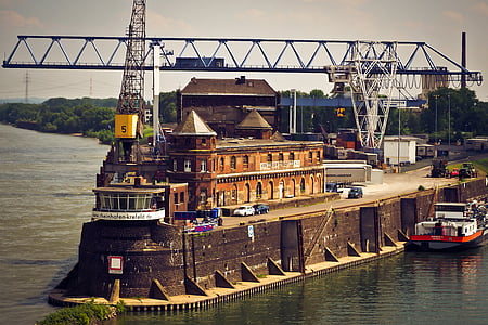 port, port fluvial, eau, Crane, navire, Rhin, Cargo