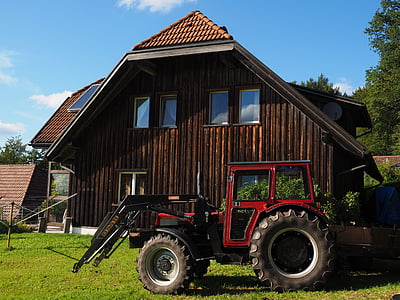 traktor, Bulldog, traktor, loader depan, rumah, padang rumput, merah