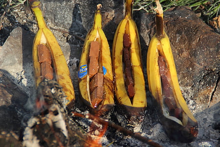 banana, bananas, chocolate, campfire, fire, grill, grilled