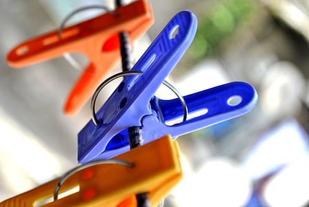 clothesline, pin, clips, close-up, blue, orange, clothespin