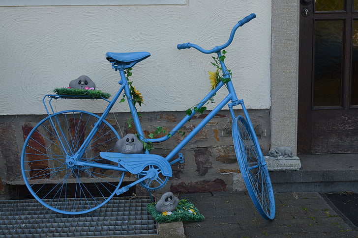 自転車, ブルー, デコ, 装飾, 古い