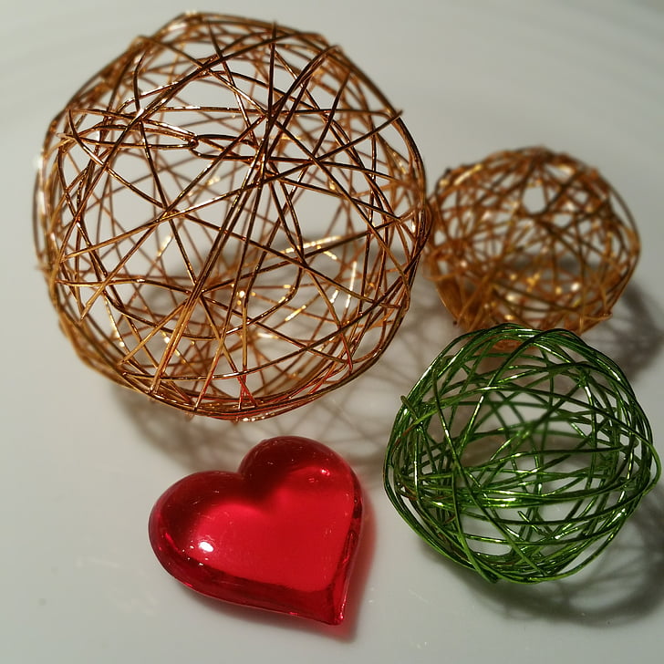 den svatého Valentýna, drát, míč, srdce, zelená, oranžová, dekorace
