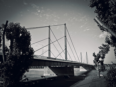Most, Architektura, silniční most, Rýn, Düsseldorf, černá bílá, Theodor-heuss most
