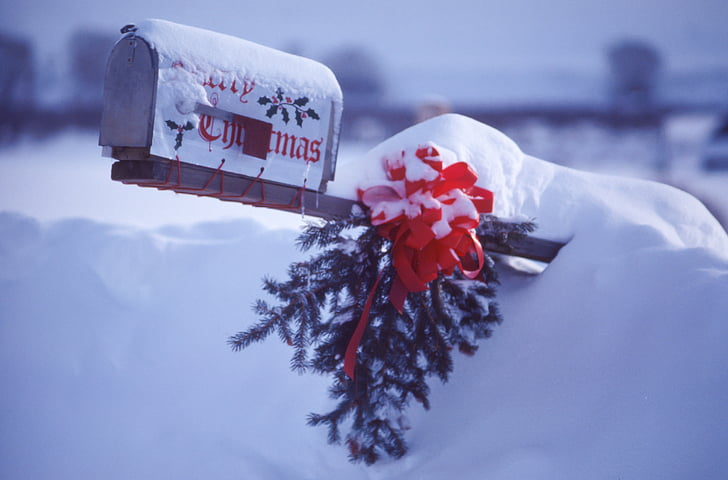 white, brown, mailbox, snow, terrain, winter, red