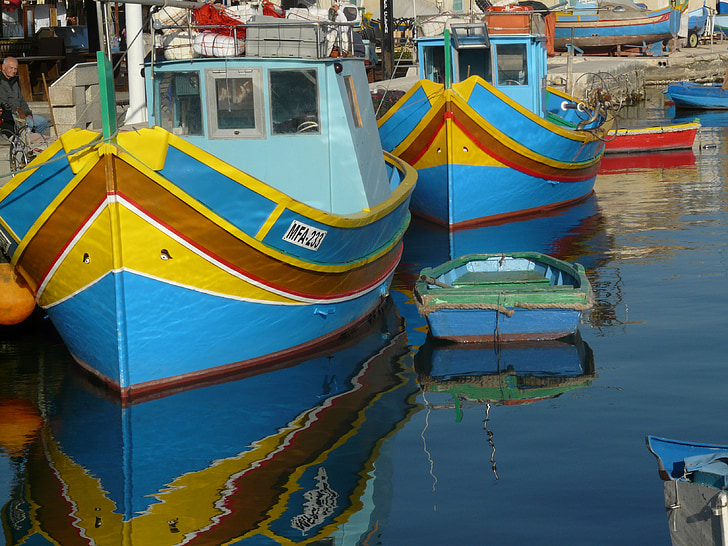 fiskebåtar, Marsaxlokk, färgglada, hamn, Malta, fiske, färg