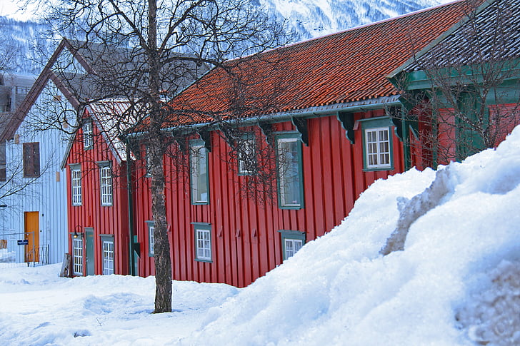 sniega, sarkana, tradicionālā, ziemeļu māja, māja, skats, romantisks