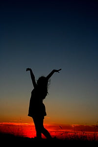 sunset, girl, dance, shadow, silhouette, sky, red