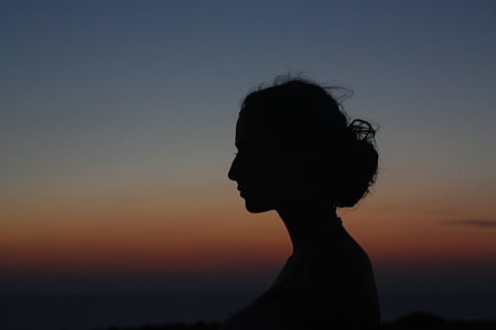 profil, bakgrundsbelysning, kvinnor, solnedgång, siluett, en kvinna endast, vuxen