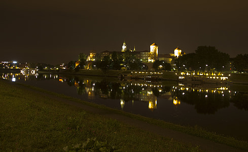 Krakov, Wawel, Wisla, nehir, gece, eski şehir, Polonya
