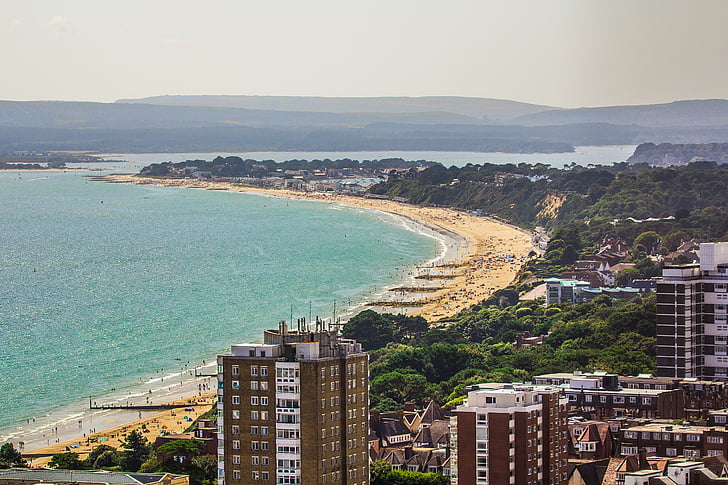 Bournemouth, gmaz, more, plaža, Obala, Gradski pejzaž, pogled iz zraka