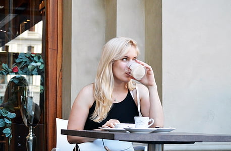 beautiful, blonde, girl, young, woman, cafe, drinking
