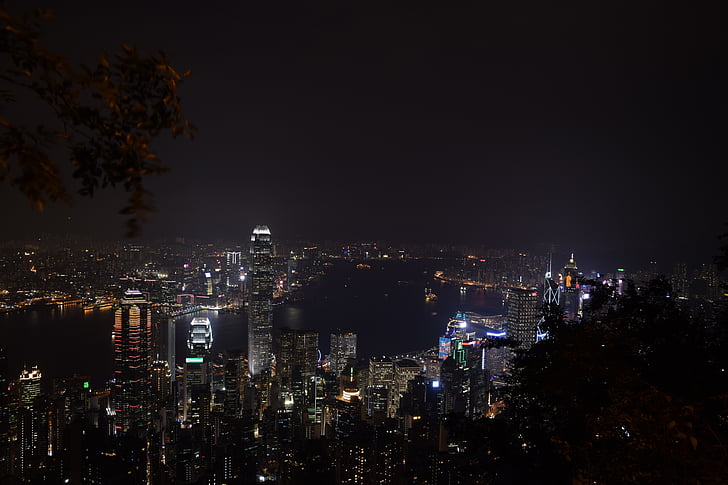 Hong kong, piek, nacht, Hong kong skyline, haven, stadsgezicht, de skyline van de stad