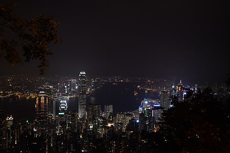 Hong kong, picco, notte, skyline di Hong kong, Porto, paesaggio urbano, Orizzonte urbano