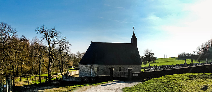 church, field, green, sky, village, landscape, france