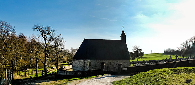 kirke, feltet, grønn, himmelen, landsbyen, landskapet, Frankrike
