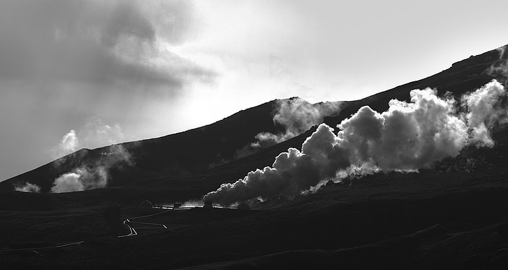 Steam, øya, natur, b w, svart, hvit, geotermisk