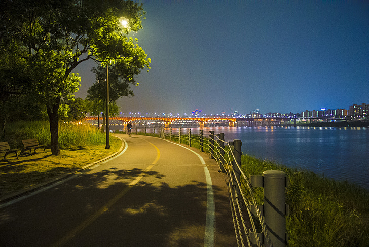 la rivière Han, vélo, République de Corée, paysage, Sky, Séoul