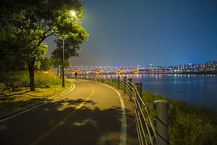Río de han, bicicleta, República de Corea, paisaje, cielo, Seúl