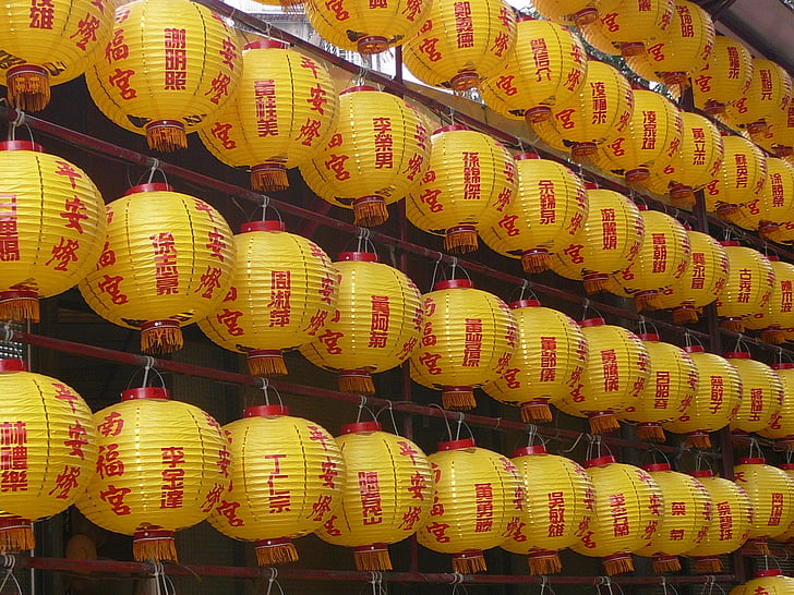 lanterner, kinesisk, Kina, papir, gul, dekorasjon, Asia