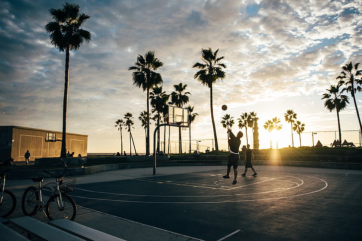 basketball, basketballbane, stranden, sykkel, karibisk, glede, moro