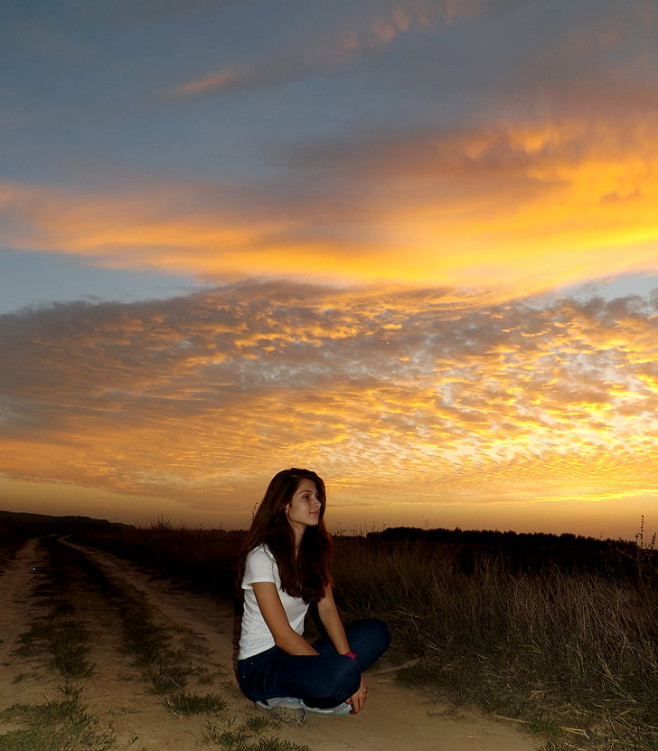 girl, sunset, in the evening, landscape, sky, red