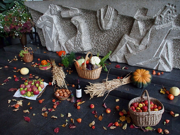 giorno del ringraziamento, pala d'altare, cibo, frutta, verdure, cereali, spezie