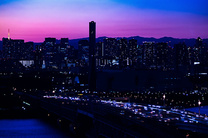night view, japan, night, bridge, building, skyline, landscape