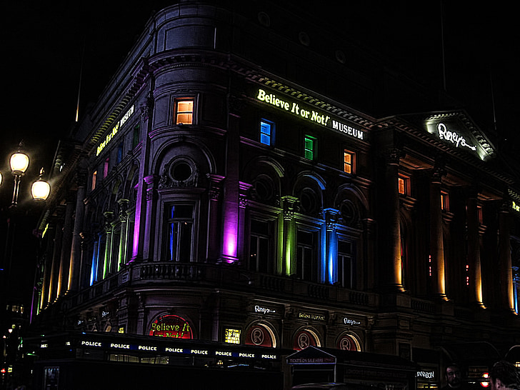 clădire, iluminate, Picadilly, circ, Londra, Engleză, seara