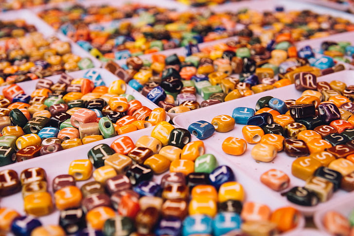 arts, crafts, beads, orange, blue, letters, assorted